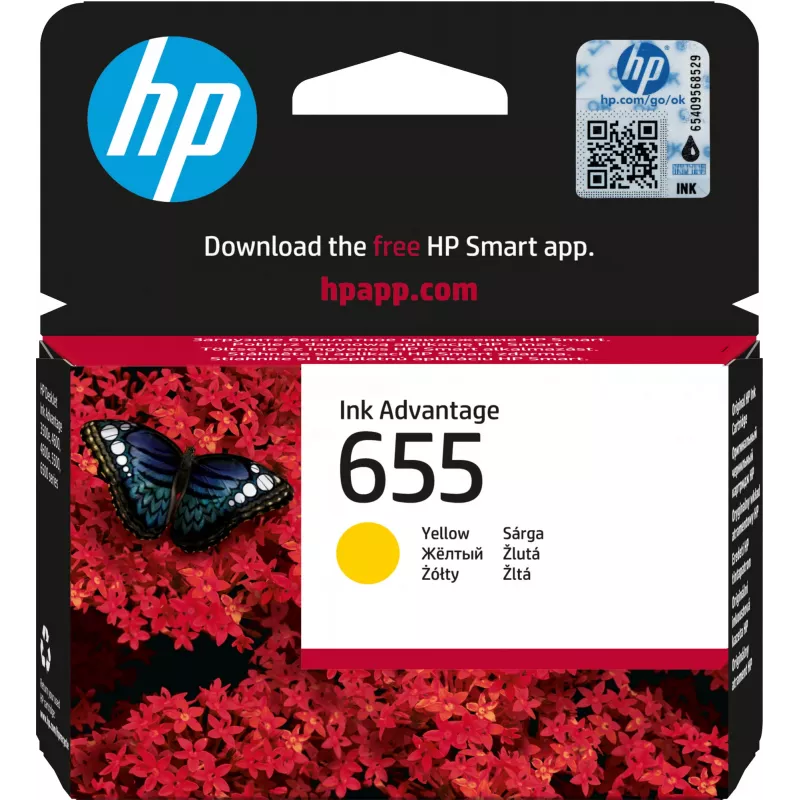 HP 655 dzeltena Oriģināls Ink Advantage Cartridge, dzeltena, 1 gab., 600 lapas