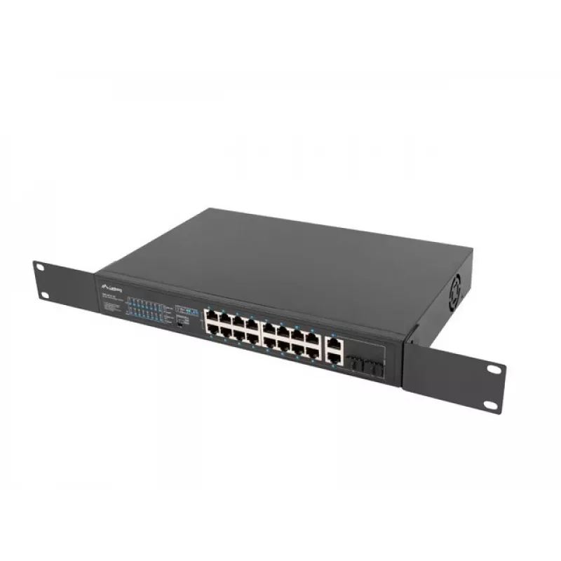 Nepārvaldāms slēdzis LANBERG RSFE-16P-2C-150 — 18 portu Gigabit, 16 PoE+/2 SFP, 150 W kopā, 1U statīvs, metāls, melns