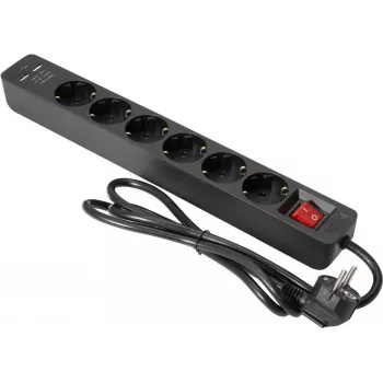 Pagarinātājs EUROLITE ON-1 6 rozetēm ar 2 USB portiem, ar pārsprieguma aizsardzību