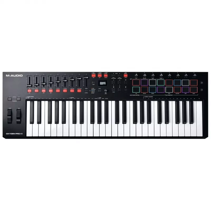 M-Audio Oxygen Pro 49 MIDI klaviatūras kontrolleris — 49 taustiņi, 16 spilventiņi, 9 faderi, OLED displejs, USB, MIDI izeja