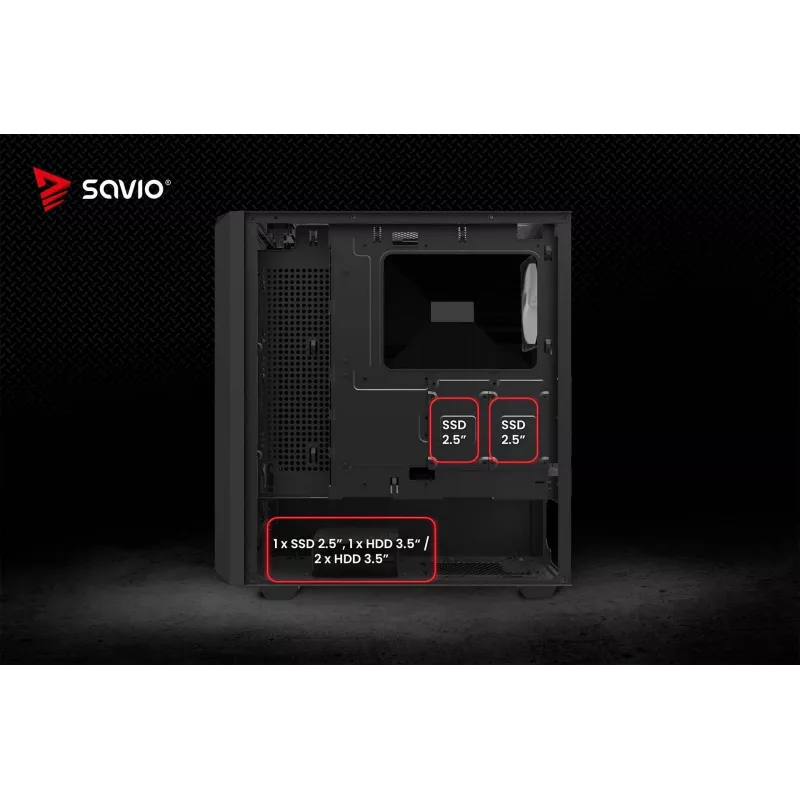 PC kuba korpuss SAVIO Noctis Glass RGB — Melns, ATX/Micro-ATX, 210×410×450 mm, 3×120 mm priekšējie ventilatori