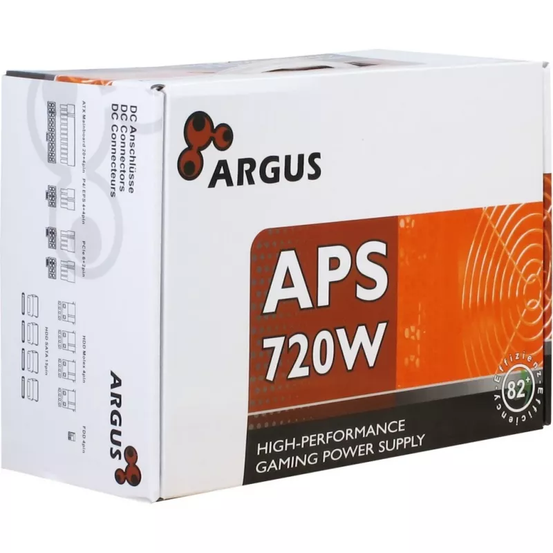 INTER TECH Argus APS-720W - Barošanas bloki (115-230 V, 20+4 kontaktu ATX, 47-63 Hz, 12V1,+12V2,+3.3V,+5V,+5Vsb,12V, aktīvs, ATX, melns)