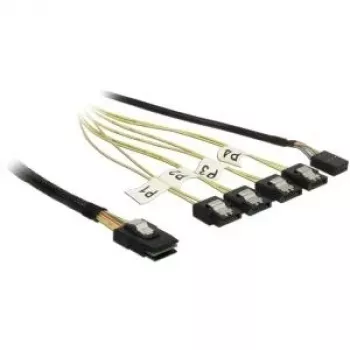 Iekšējais Mini SAS uz 4×SATA kabelis DELOCK 0.5 m — Mini SAS SFF-8087 uz 4×SATA 7p, Melns/Sudraba/Dzeltens