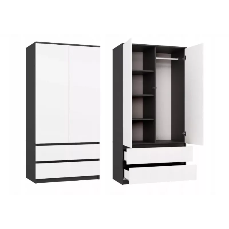 Skapis top e shop MALWA SS-90, 90×180×50 cm, antracīta rāmis, baltas veramas durvis, 2 atvilktnes, lamināts 16 mm