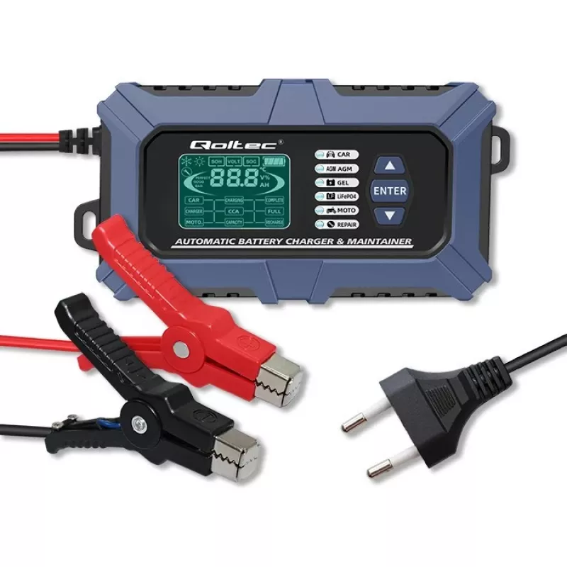 Qoltec viedais mikroprocesoru akumulatoru lādētājs ar akumulatora testeri un 12V atjaunošanas funkciju | 6A | LCD | Akumulatoru lādētājs AGM LiFePO4 GEL akumulatoriem