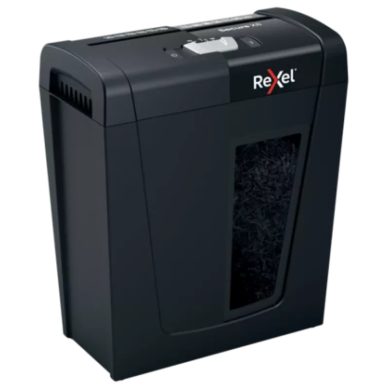 Papīra smalcinātājs REXEL Secure X8 — šķērsgriezuma P-4, 4x40 mm, 8 lapu ietilpība, 14 l tvertne, melns