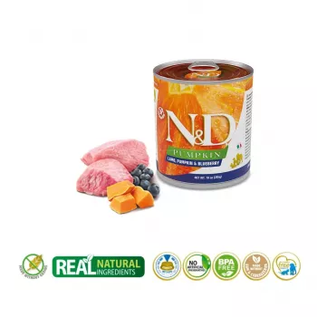 Mitrā suņu barība Farmina N&D Lamb Pumpkin Blueberry Adult 285 g bundžiņa, pilnvērtīga formula pieaugušiem suņiem, 75% mitrums, 11% olbaltumvielas, 7% tauki