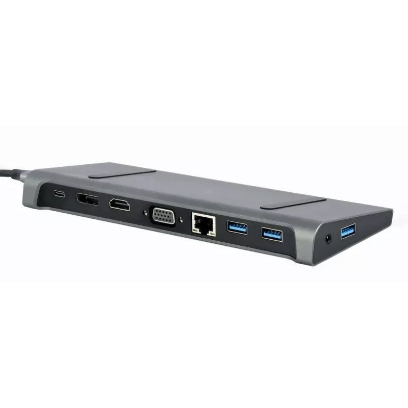 Klēpjdatora dokstacija Gembird A-CM-COMBO9-02 USB 3.2 Gen 1 Type-C, HDMI, VGA, 3×USB-A, Gigabit Ethernet, 87W PD, Pelēka