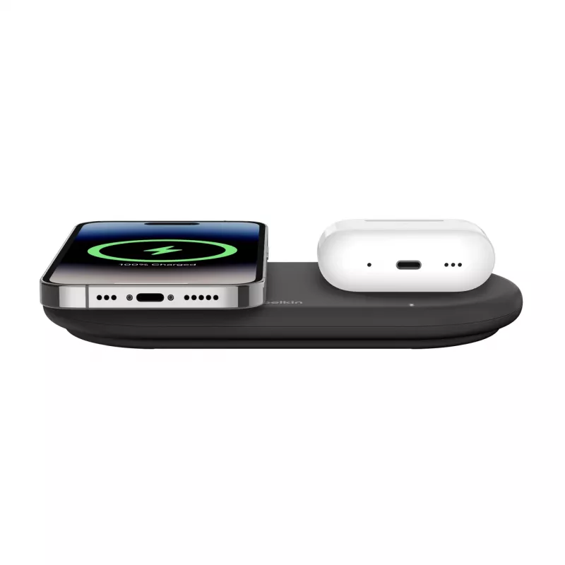 Belkin WIZ021VFBK - 2-in-1 bezvadu uzlādes paliktnis ar Qi2 tehnoloģiju 15 W, melns