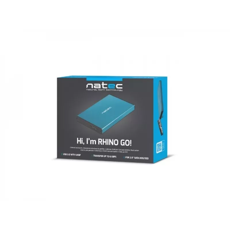Ārējais HDD/SSD korpuss NATEC Rhino GO 2.5 collu — USB 3.0, SATA III, līdz 4 TB, 9,5 mm, alumīnijs, zils