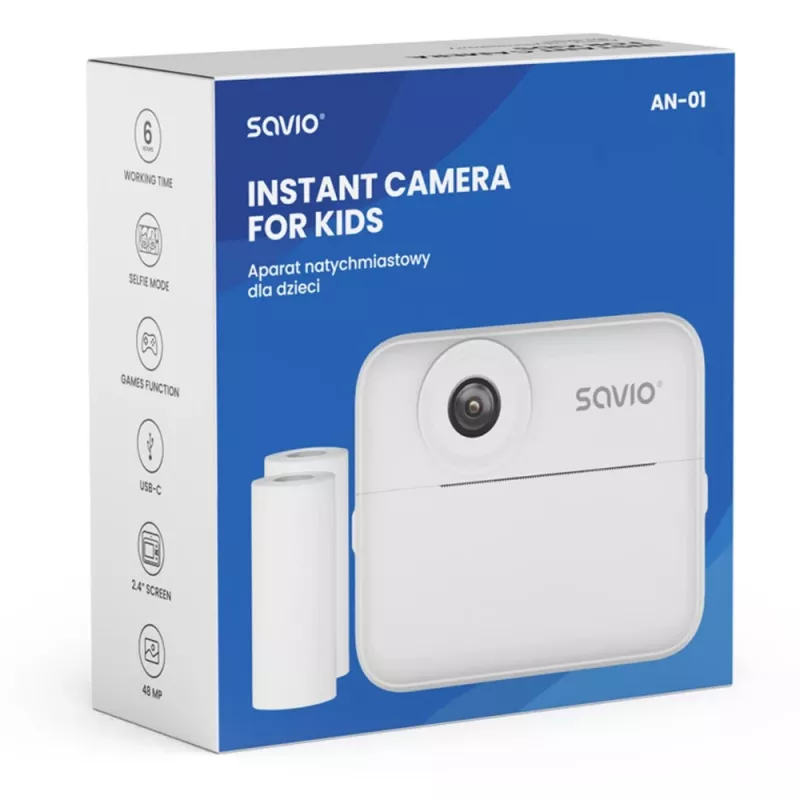 Momentfoto kamera bērniem SAVIO AN-01, balta, 2,4 collu LCD, MicroSDHC līdz 32 GB, USB-C, 1200 mAh akumulators, bez iebūvētas zibspuldzes