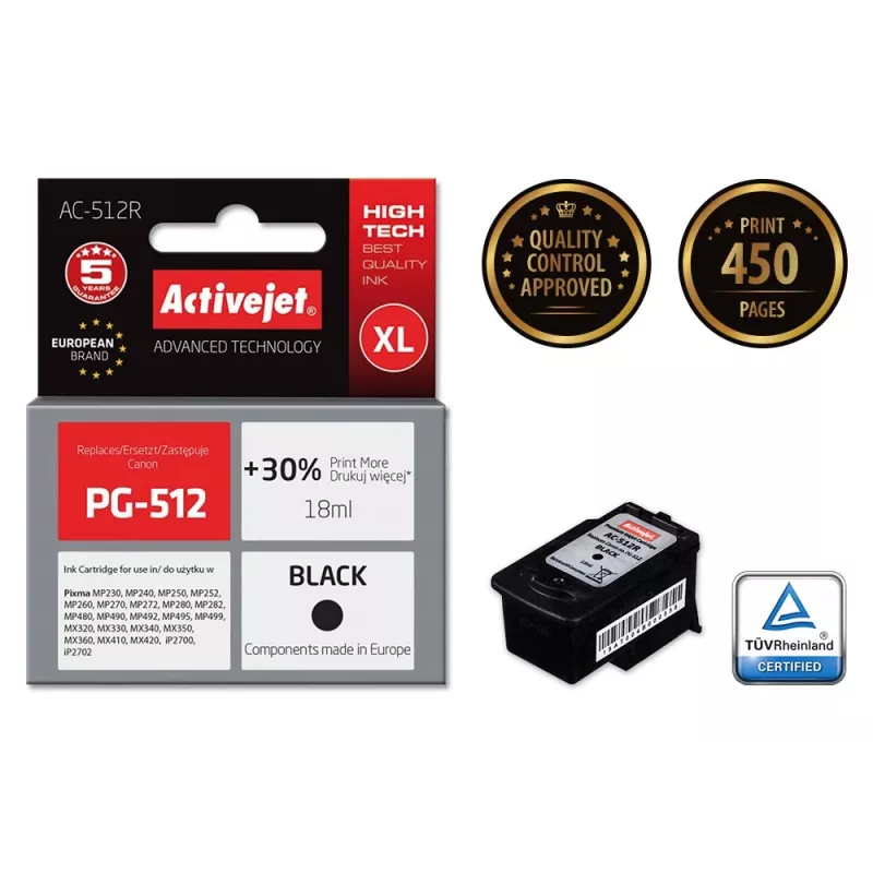Activejet AC-512R tinte (aizvieto Canon PG-512; Premium; 18 ml; melna)