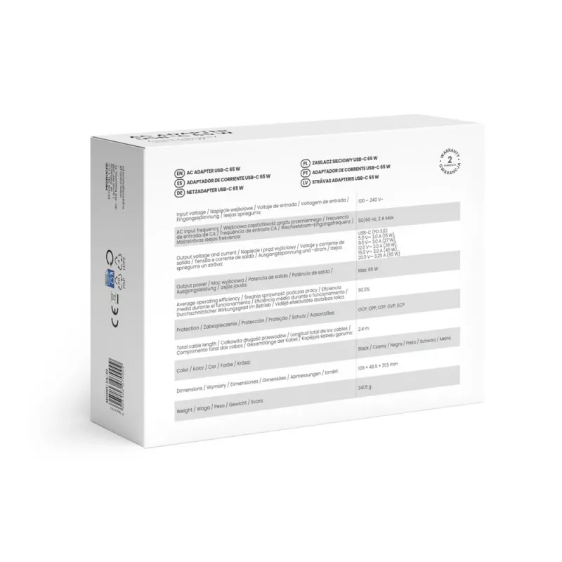 Iekštelpu maiņstrāvas lādētājs SAVIO ZA-01, 65 W USB‑C PD 3.0, 100–240 V ieeja, viena pieslēgvieta, melns