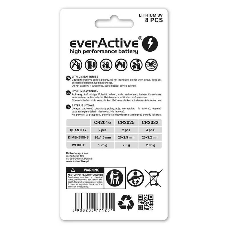 8 litija bateriju komplekts everActive 4 x CR2032, 2 x CR2025, 2 x CR2016