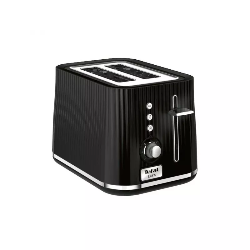 Tosteris Tefal Loft 2S TT761838 — 2 šķēlēm, 7 apbrūnināšanas līmeņi, atkausēšanas/uzsildīšanas funkcijas, noņemama drupaču paplāte, melns