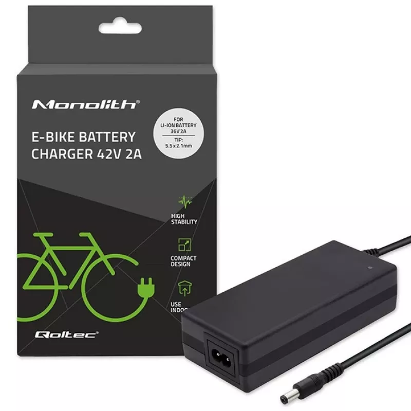 Qoltec 50761 Lādētājs e-velosipēdu akumulatoriem 36V | 42V | 2A | 5.5*2.5
