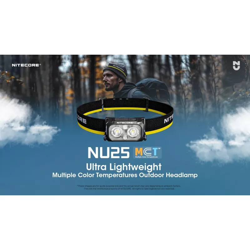 Galvas lukturis Nitecore NU25 MCT — uzlādējams galvas lukturis, līdz 400 lūmeniem, kompakts brīvroku apgaismojums