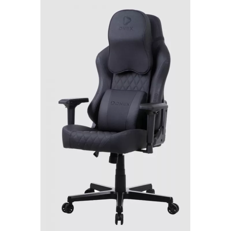 Spēļu krēsls Onex FX8 Formula X — ergonomisks sacīkšu stila sēdeklis, regulējami roku balsti, atgāšanās un slīpuma funkcijas, melns