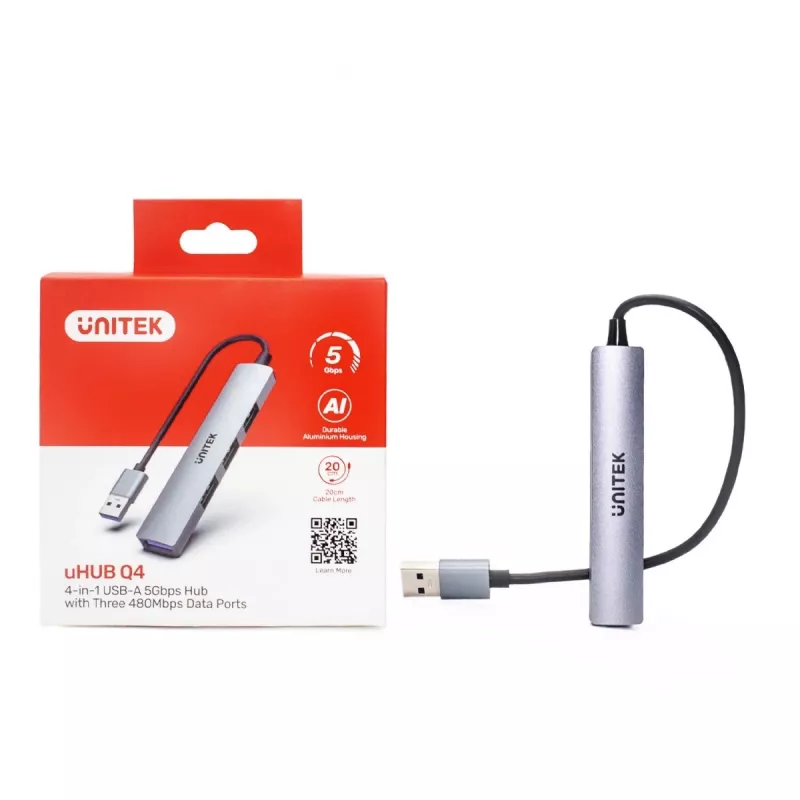 Unitek H1208A USB-A sadalītājs, 4 porti (1x USB-A 5 Gbps, 3x USB-A 2.0), alumīnijs, sudraba