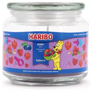 Vaska svece Haribo A2168 apaļa kazene-avene-zemene, rozā, 100 mm × 100 mm, 300 g, stikla turētājs