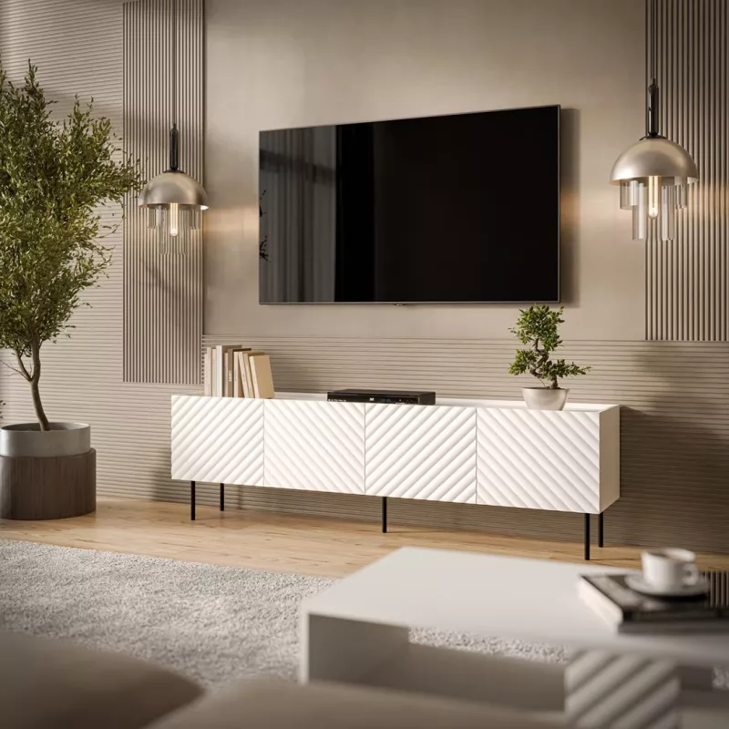 TV skapītis cama meble LUCCA 4D, 2000×400×590 mm, balta, skaidu plātnes virsma