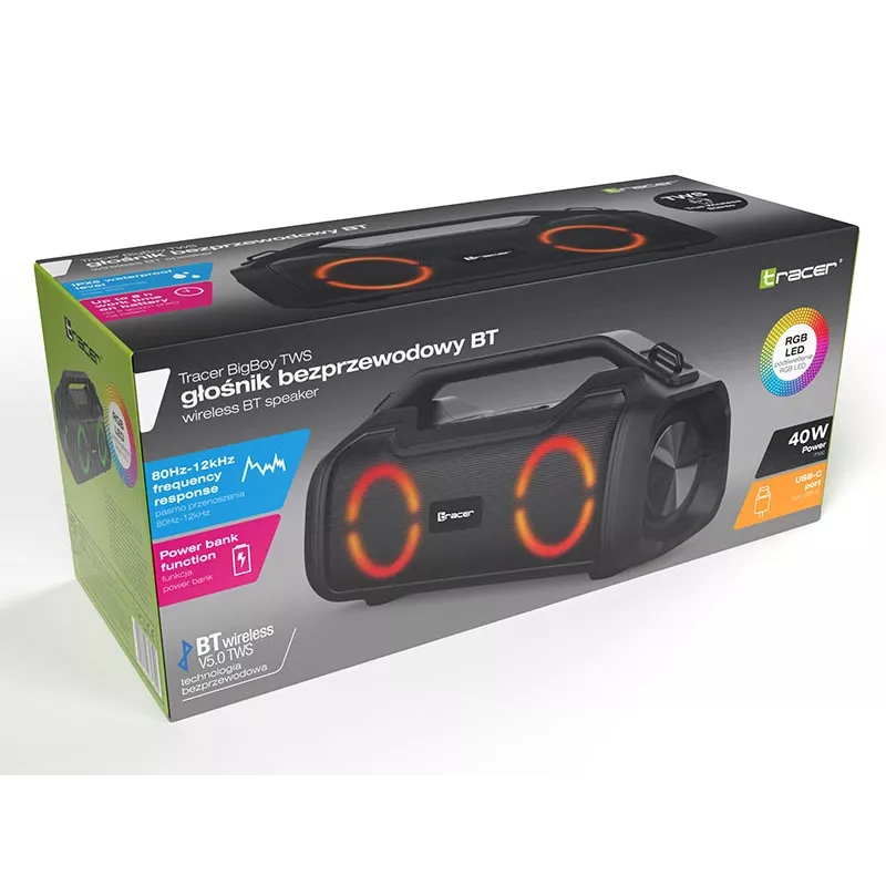 Stereo portatīvais skaļrunis TRACER BigBoy TWS Bluetooth 40W RMS, Bluetooth 5.3, 12h akumulators, melns