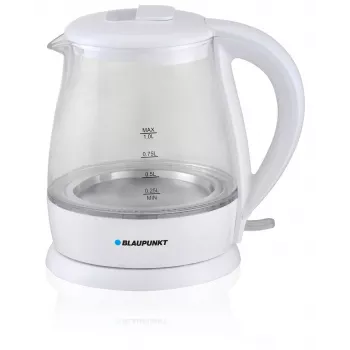 Elektriskā tējkanna BLAUPUNKT 1 L 1630 W Balta — stikla korpuss, 360° pamatne, pogas vāks
