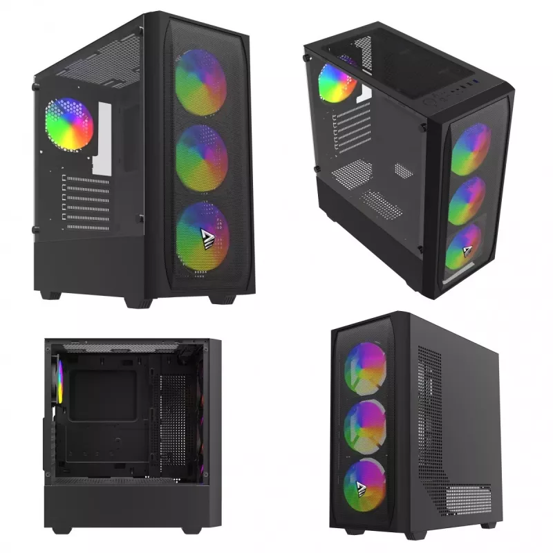PC korpuss SAVIO Noctis Flow RGB — Cube, ATX/Mini-ITX, 3x 120 mm priekšējie ventilatori, rūdīta stikla sānu panelis, max GPU 35 cm