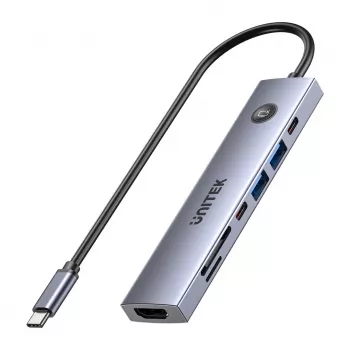 USB-C centrmezgls Unitek H1124AGY01 ar 100W PD, HDMI 2.0, 2x USB‑A, 2x USB‑C, SD/microSD lasītāju — alumīnija