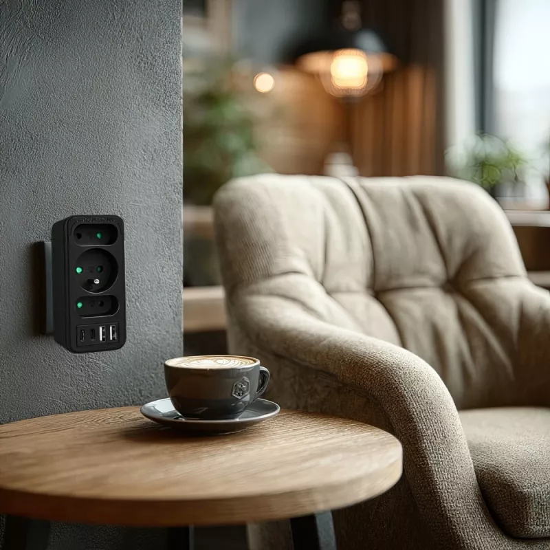 Strāvas sadalītājs MACLEAN MCE248 F/B — 3 maiņstrāvas rozetes (1x16A, 2x6A) un 4 USB porti (2xUSB‑A, 2xUSB‑C PD 20W), ES spraudnis, melns