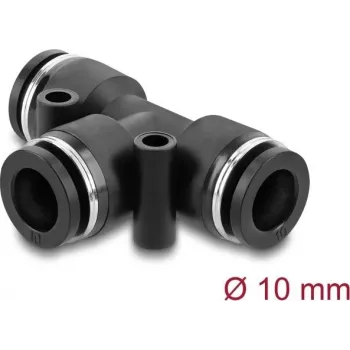 Pneimatiskais T veida savienotājs DELOCK 10 mm ar divām montāžas atverēm, melns metāls/plastmasa, iekšējā vītne, 55 mm