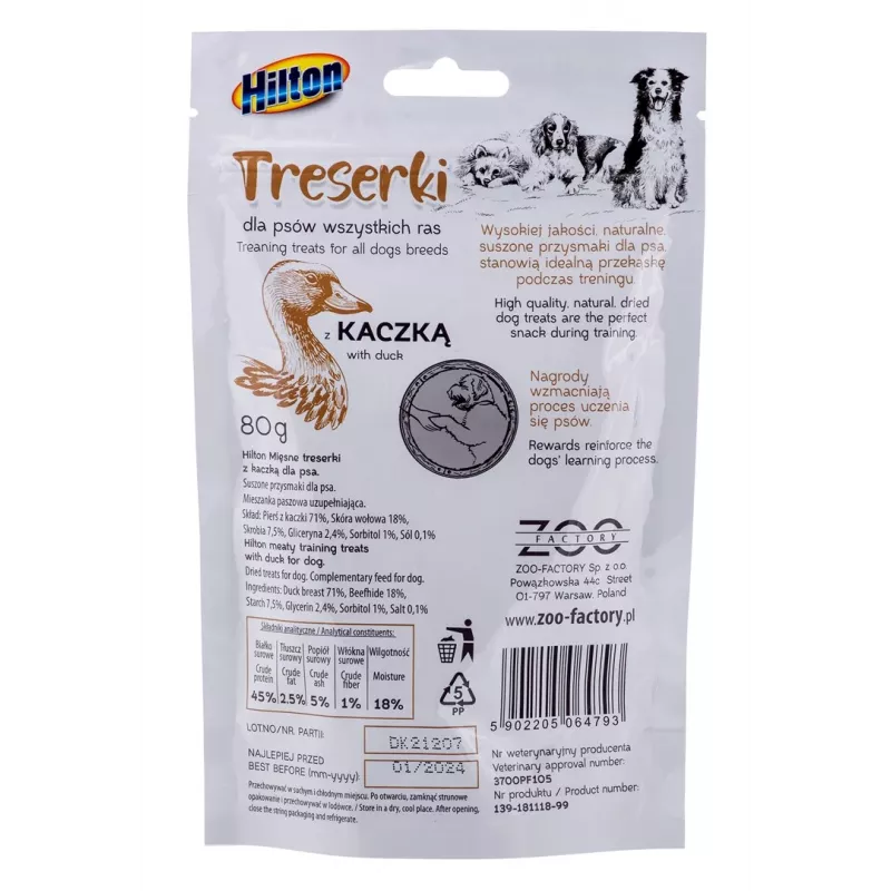 Suņu apmācības kārumi Hilton Treaning Treats Duck 80 g — mīkstie apmācības našķi ar pīles garšu