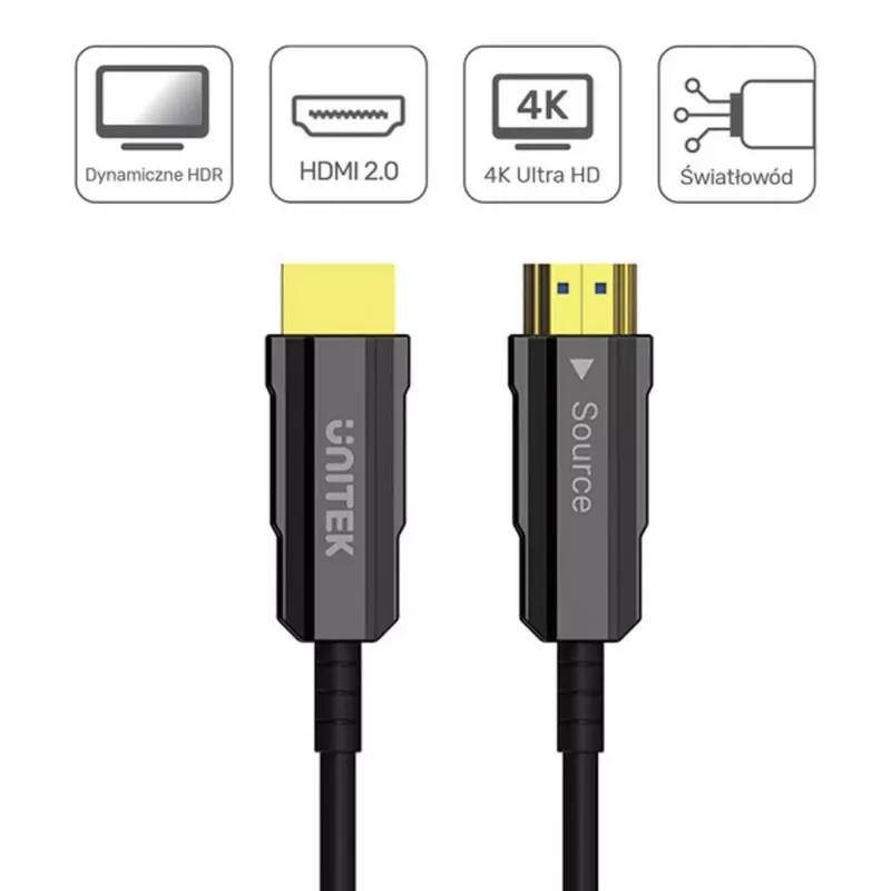 HDMI optiskais kabelis Unitek C11092ASL01 4K 60Hz (HDMI 2.0, 20 m, vīr.–vīr., melns)