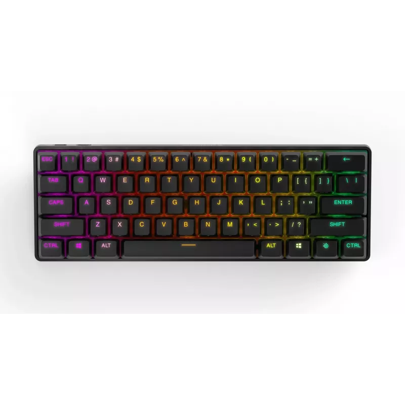 Mehāniskā spēļu klaviatūra STEELSERIES Apex Pro Mini Wireless — 60% formas faktors, USB + RF bezvadu + Bluetooth, QWERTY US, melna