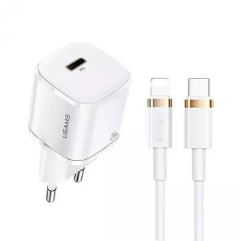 Pārnēsājams tālruņa lādētājs usams T36 ar 1x USB-C PD3.0 un iebūvētu Lightning kabeli