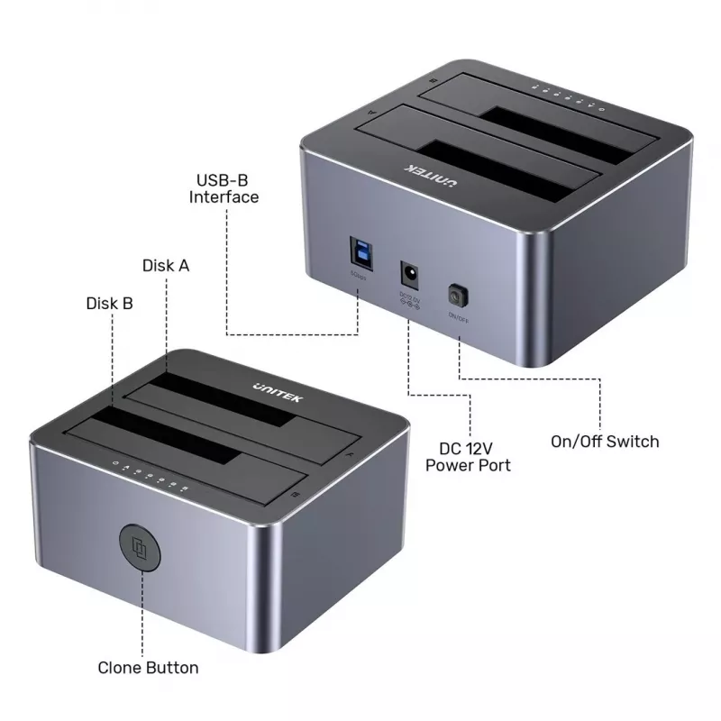 Unitek klonēšanas stacija 2X SATA 2,5/3,5 USB 5GB