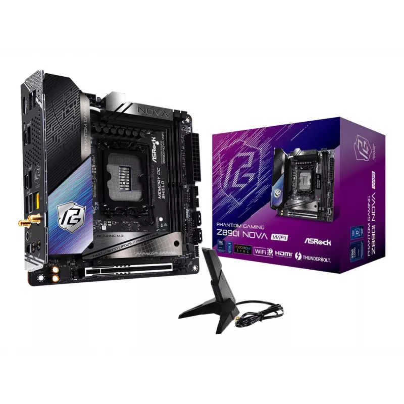 Mātesplate ASRock Phantom Gaming Z890I Nova WiFi — Intel Z890, LGA 1851, mini ITX, DDR5, 2x M.2, Wi‑Fi 6E/7, 5Gb LAN, Thunderbolt