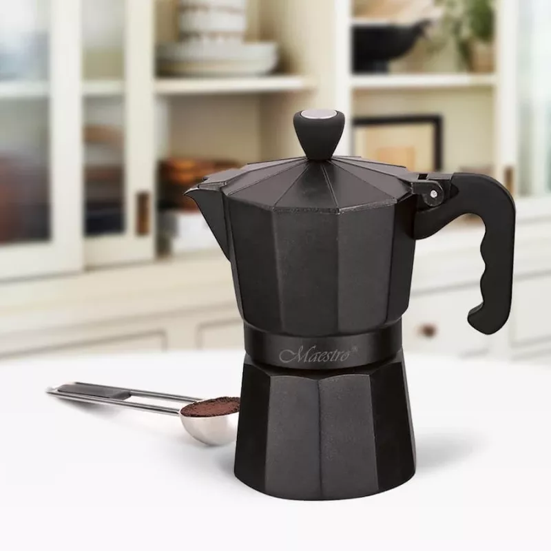Moka katliņš Maestro MR-1666-6-Melns — manuālā plīts virsmas kafijas automāts, 6 krūzes, 300 ml, melns alumīnijs