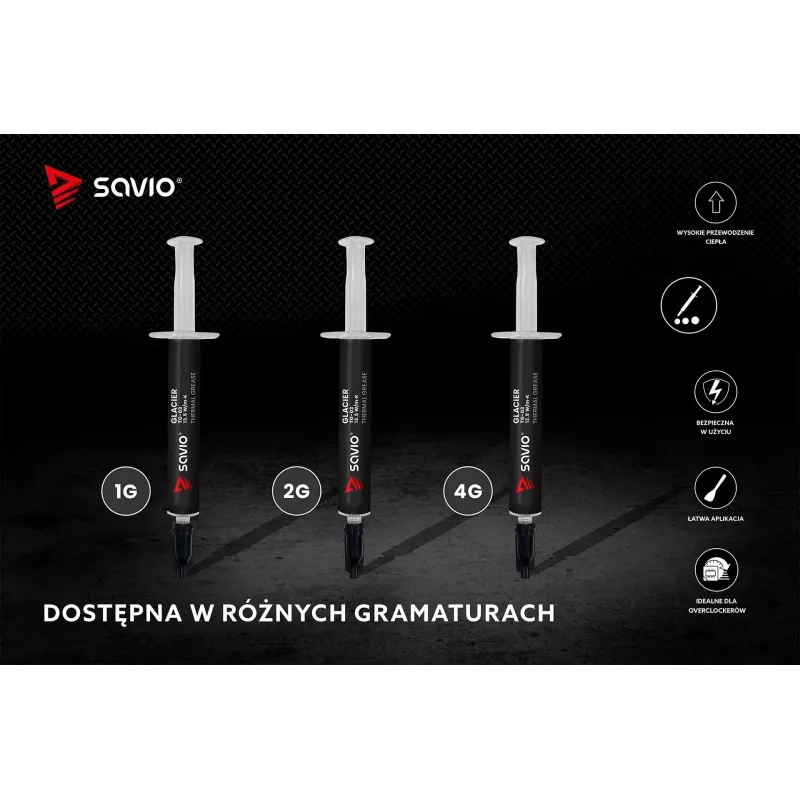 Termopasta SAVIO TG-03 1 g — 13,5 W/m·K, pelēka, komplektā aplikators un lāpstiņa