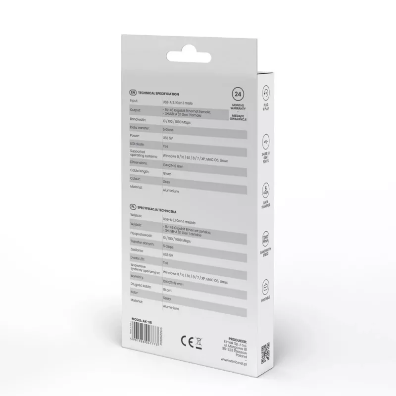 SAVIO USB-A centrmezgls ar RJ-45 Gigabit Ethernet AK-57 — 3× USB-A + RJ-45, USB 3.2 Gen 1 Micro‑B resursdators, 5 Gbit/s, 4 porti, pelēks