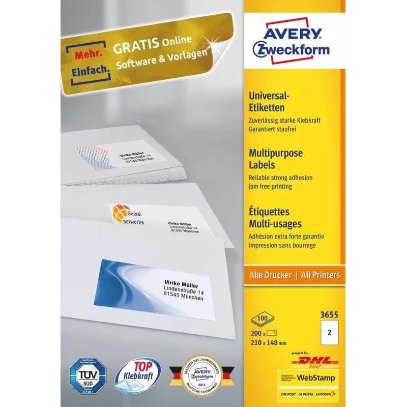 Avery 3655 pašlīmējošā etiķete Taisnstūrveida Pastāvīga Balta 200 gab.