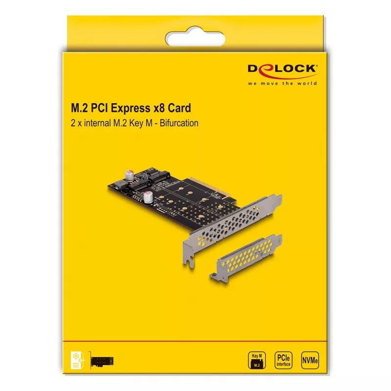 DeLOCK PCI Express x8 karte uz 2 iekšējiem NVMe M.2 Key M bifurcētiem slotiem Low Profile