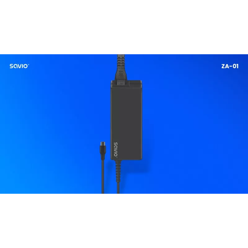 Iekštelpu maiņstrāvas lādētājs SAVIO ZA-01, 65 W USB‑C PD 3.0, 100–240 V ieeja, viena pieslēgvieta, melns