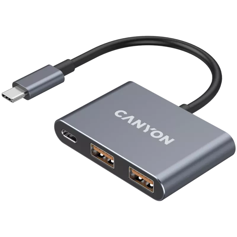 USB-C 3-in-1 centrmezgls CANYON DS-3 tumši pelēks — USB-C uz USB-A + HDMI + strāvas padeves caureja