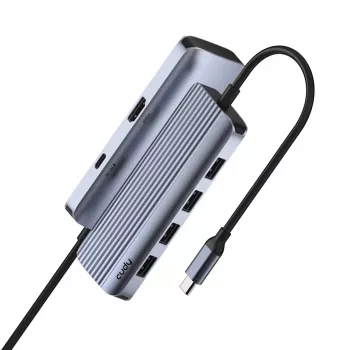 USB-C centrmezgls Cudy UH500 — USB 3.2 Gen 1 Type-C resursdators, 6 porti ar USB 3.2 Gen 1 Type-A un HDMI, 5000 Mbit/s, pelēks/sudrabains