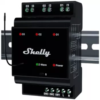 Viedais relejs Shelly Wave PRO 3 — melns, plastmasas korpuss, 110–240 V AC, 50–60 Hz, 0,3 W, 53×59×96 mm