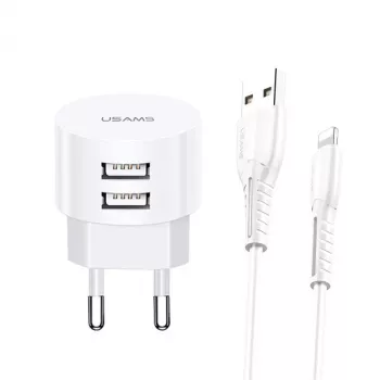 usams Charger T20 2x USB 2.1A ar Lightning kabeli — pārnēsājams USB tīkla lādētājs