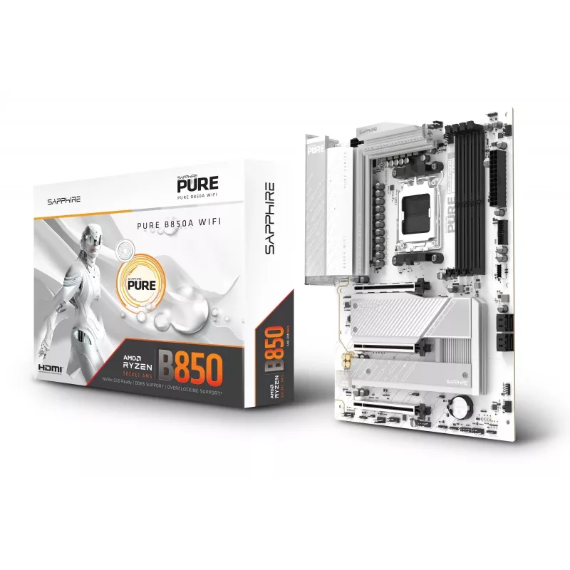 Mātesplate Sapphire PURE B850A WIFI7 ATX — B850 mikroshēmojums, Wi‑Fi 7, DDR4 atbalsts