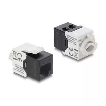 Keystone modulis RJ45 uz LSA Cat.6 UTP ar fiksējošo klipsi un bez kabeļu saitēm — DELOCK 90794, plakans melns/baltss, 16.1×30×19.4 mm