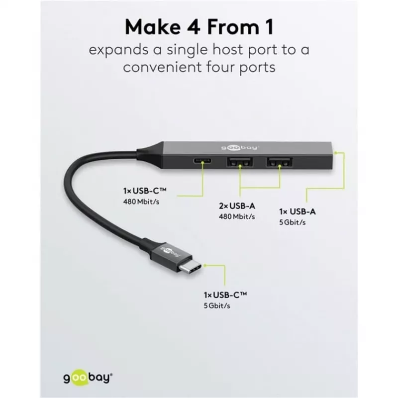 Goobay Slim 4 portu USB centrmezgls, USB-C™ uz USB-C™/USB-A, USB 3.2 (74459)